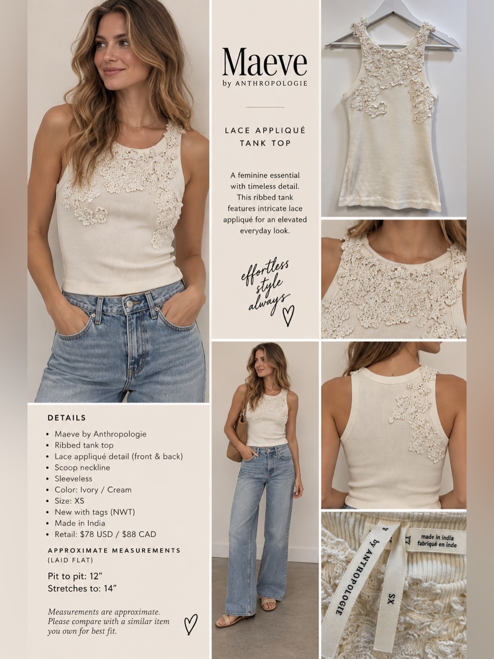 NWT Anthropologie Lace Appliqué Ribbed Tank Top Ivory XS